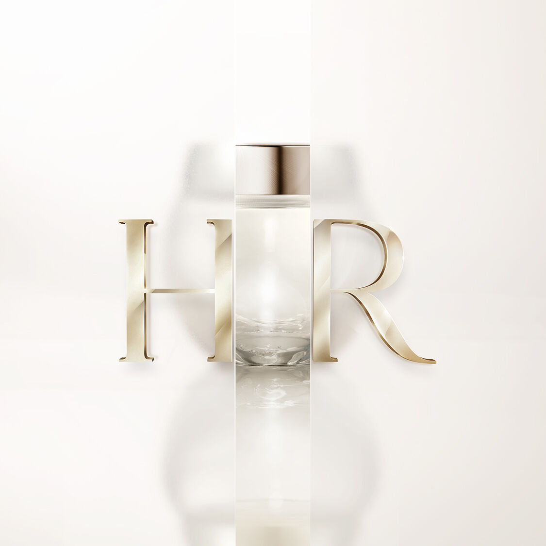 Transparenter Helena Rubinstein Flakon mit goldenem HR-Logo auf weißem Grund.
