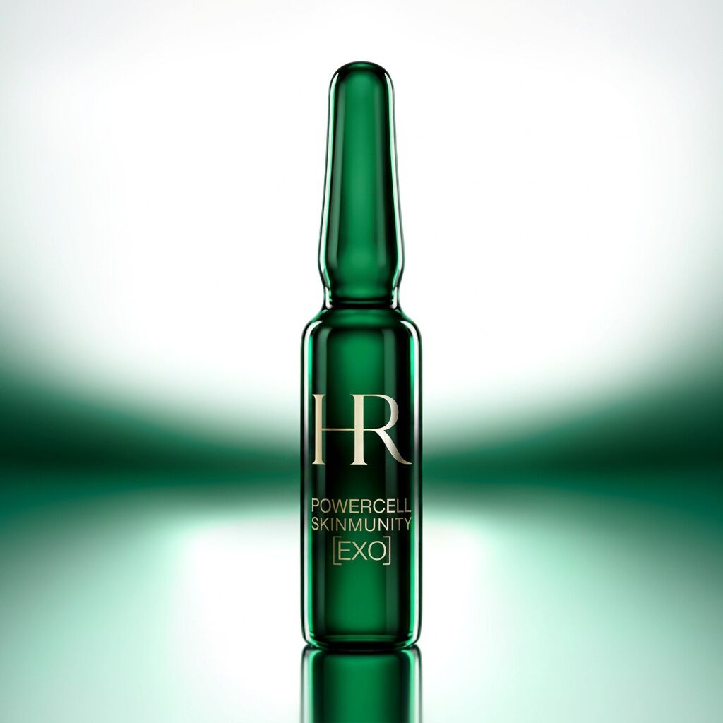 Eine grune Helena Rubinstein Powercell [EXO] Shot Ampulle auf einer dunklen, spiegelnden Oberflache, sanft beleuchtet von einem grunen Schimmer vor einem dunklen Verlaufshintergrund.​