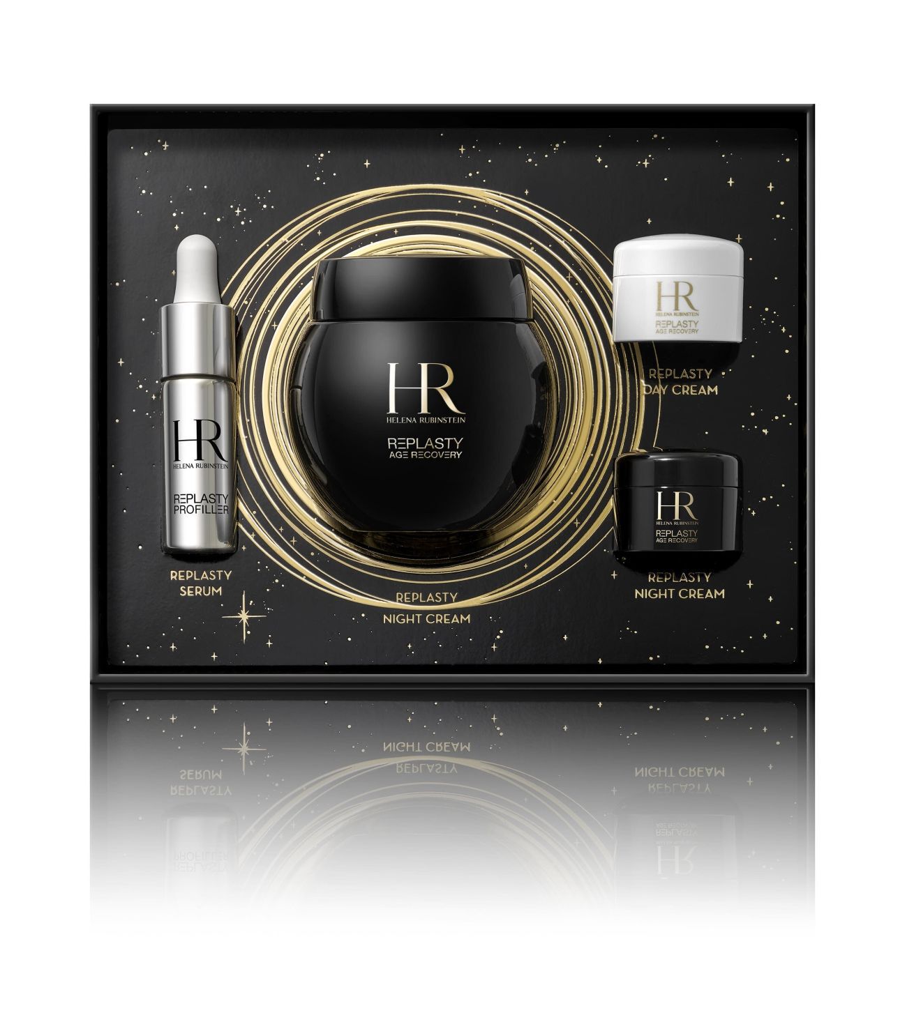 Geoffnete schwarz-goldene Geschenkbox, prasentiert vier Helena Rubinstein „Re-Plasty“-Produkte (Serum, Nachtcreme, Tagescreme) und das „HR“-Logo, auf weißem Hintergrund.